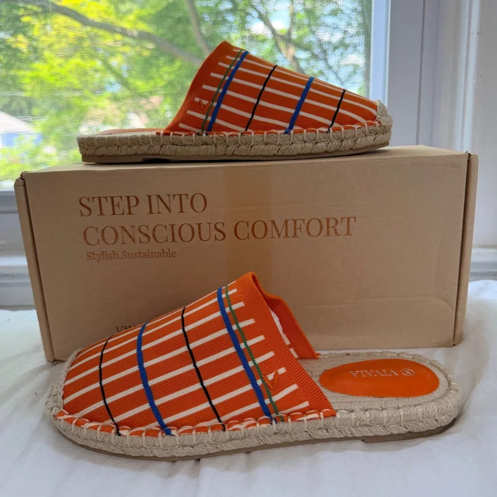 VIVAIA Orange Plaid Espadrille Slide Sandals - Size EU 39 / US 8 / NWT